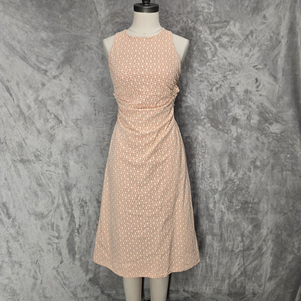 Cottagecore Peach Floral Seersucker Backless Midi Dress Women M Coquette Smocked